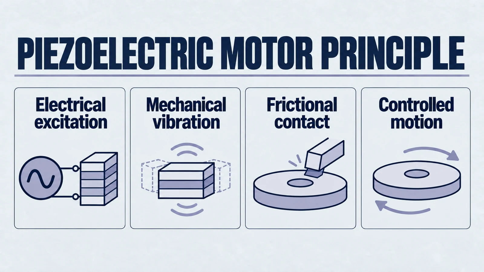 Infographic: piezoelectric motor principle. Electrical excitation; Mechanical vibration; Frictional contact; Controlled motion.