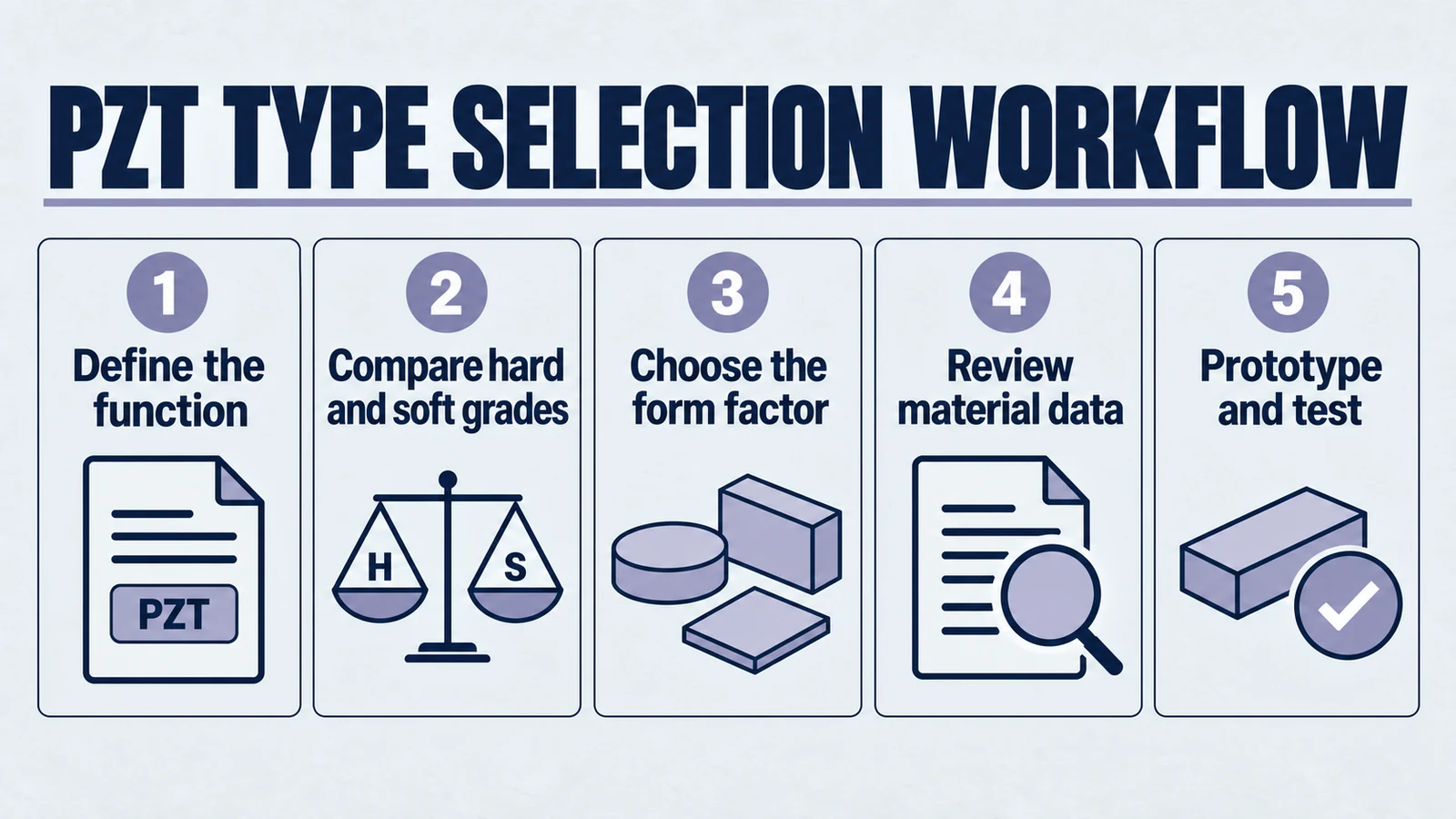 Infographic: pzt type selection workflow. Define the function; Compare hard and soft grades; Choose the form factor; Review material data; Prototype and test.