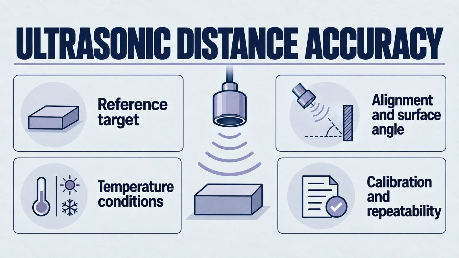 Infographic: ultrasonic distance accuracy. Reference target; Temperature conditions; Alignment and surface angle; Calibration and repeatability.