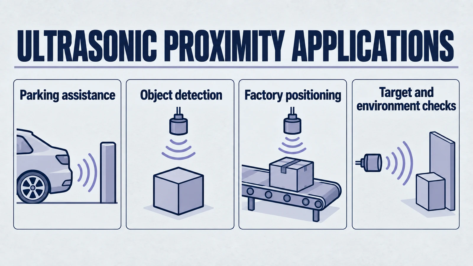 Infographic: ultrasonic proximity applications. Parking assistance; Object detection; Factory positioning; Target and environment checks.