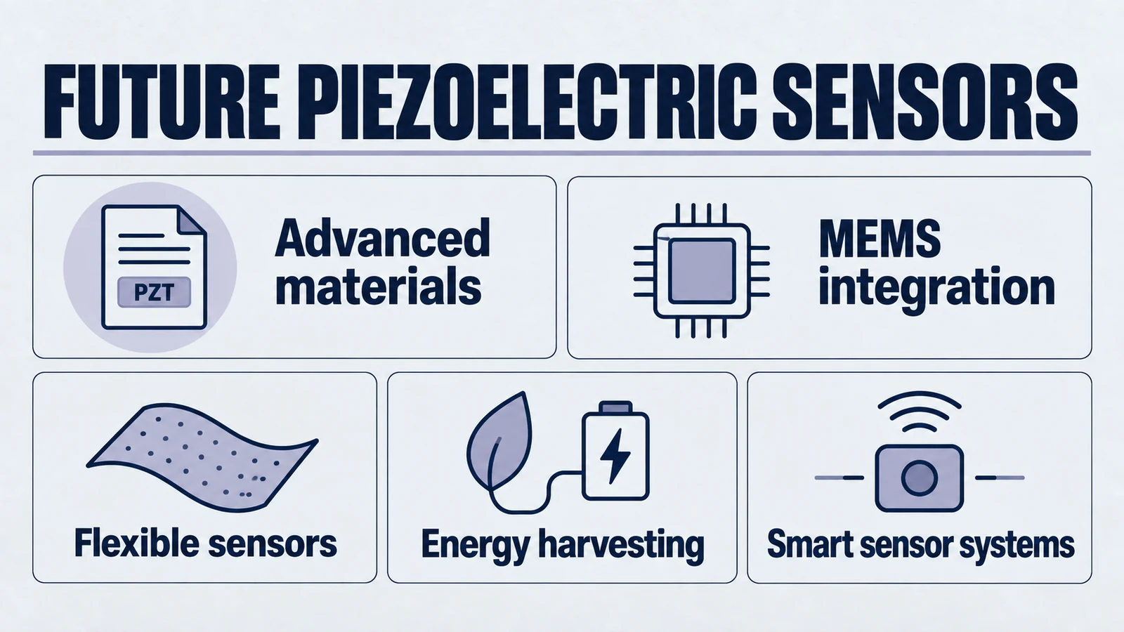 Infographic: future piezoelectric sensors. Advanced materials; MEMS integration; Flexible sensors; Energy harvesting; Smart sensor systems.