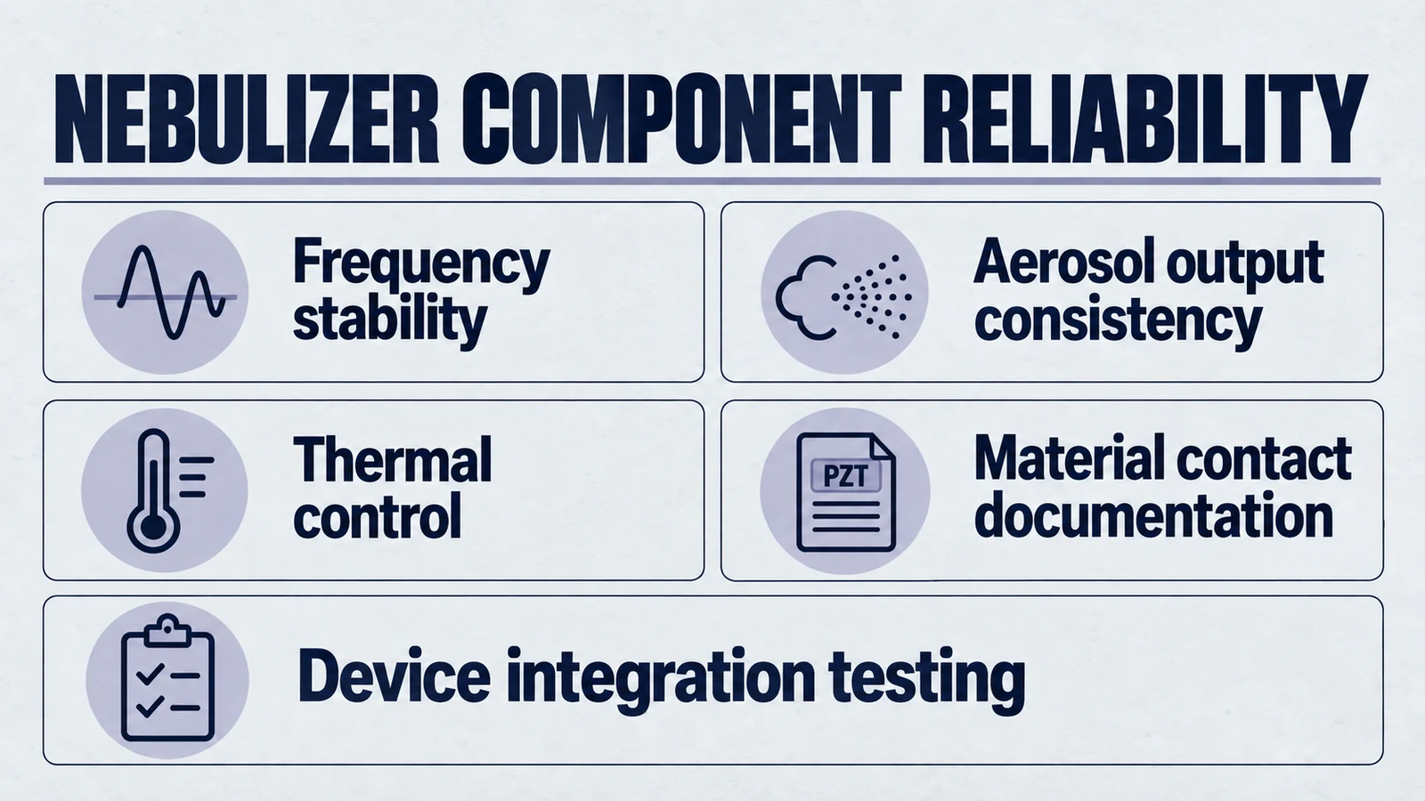 Infographic: nebulizer component reliability. Frequency stability; Aerosol output consistency; Thermal control; Material contact documentation; Device integration testing.