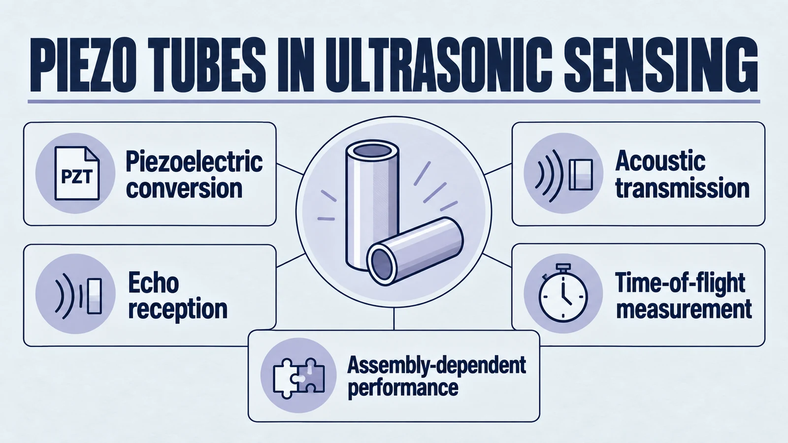 Infographic: piezo tubes in ultrasonic sensing. Piezoelectric conversion; Acoustic transmission; Echo reception; Time-of-flight measurement; Assembly-dependent performance.