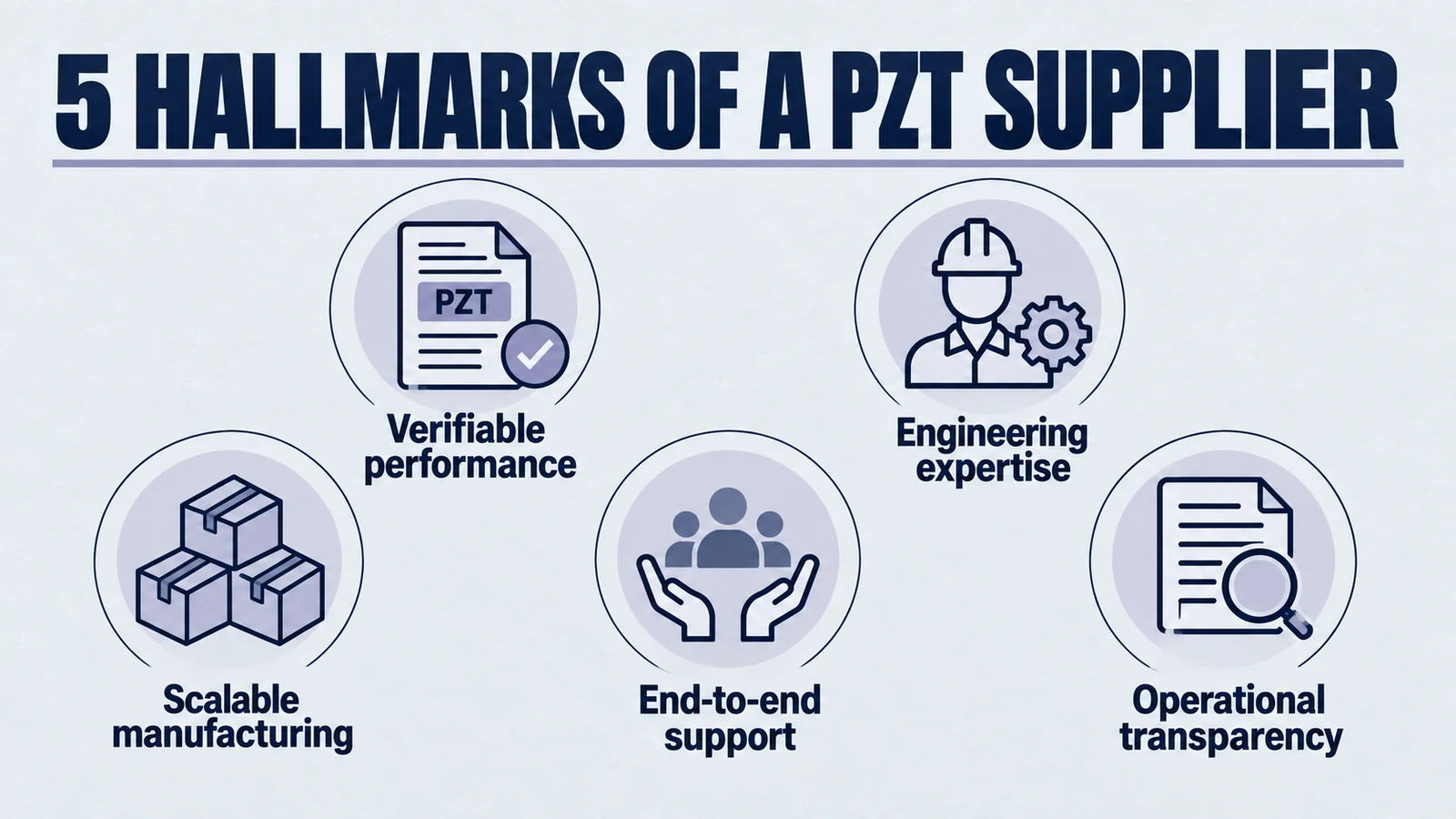 Infographic: 5 hallmarks of a pzt supplier. Verifiable performance; Engineering expertise; Scalable manufacturing; End-to-end support; Operational transparency.