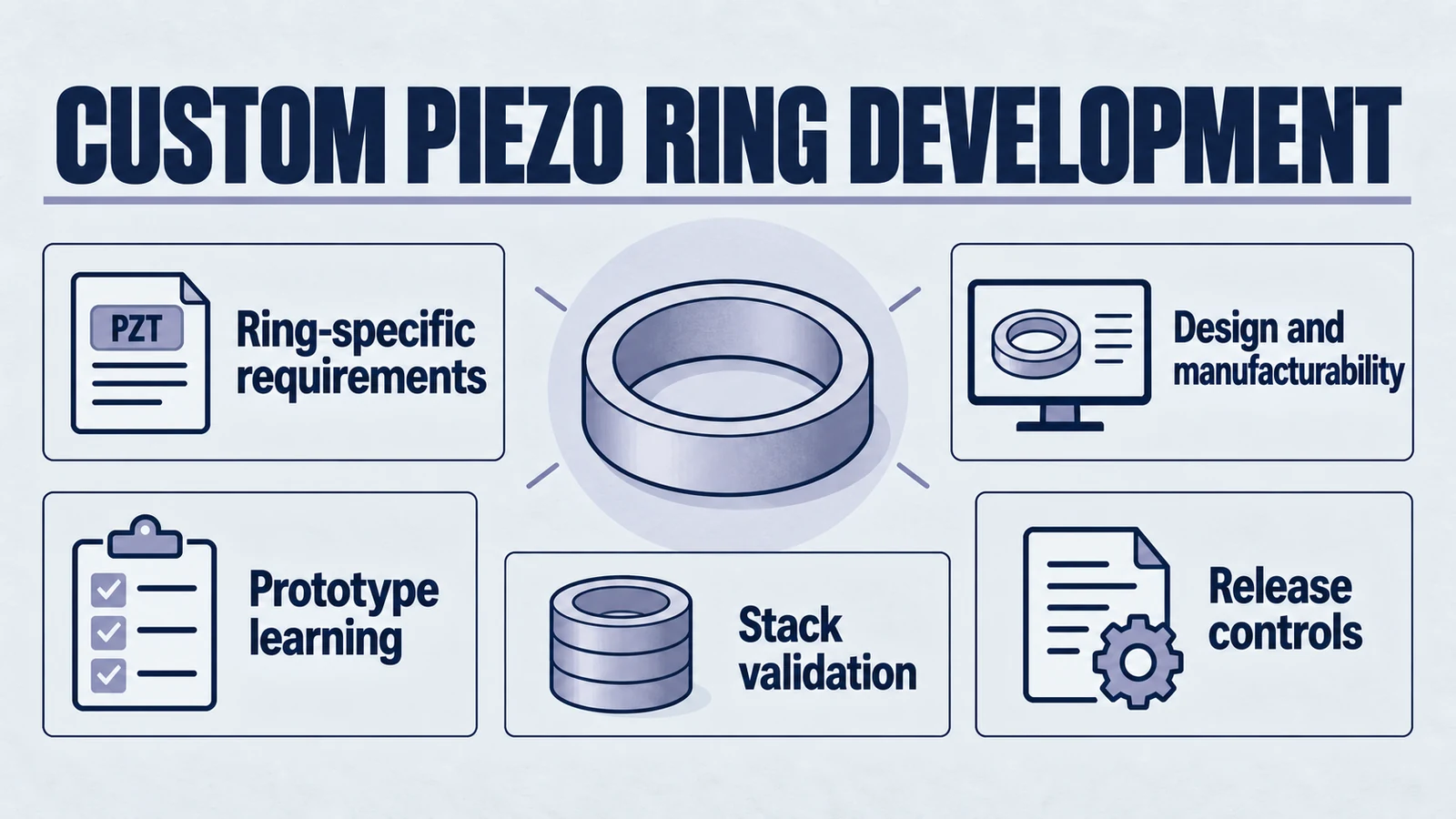 Infographic: custom piezo ring development. Ring-specific requirements; Design and manufacturability; Prototype learning; Stack validation; Release controls.