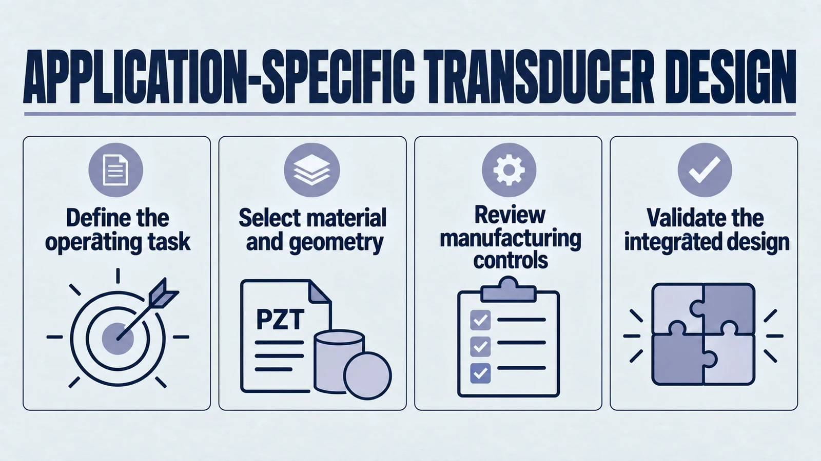 Infographic: application-specific transducer design. Define the operating task; Select material and geometry; Review manufacturing controls; Validate the integrated design.