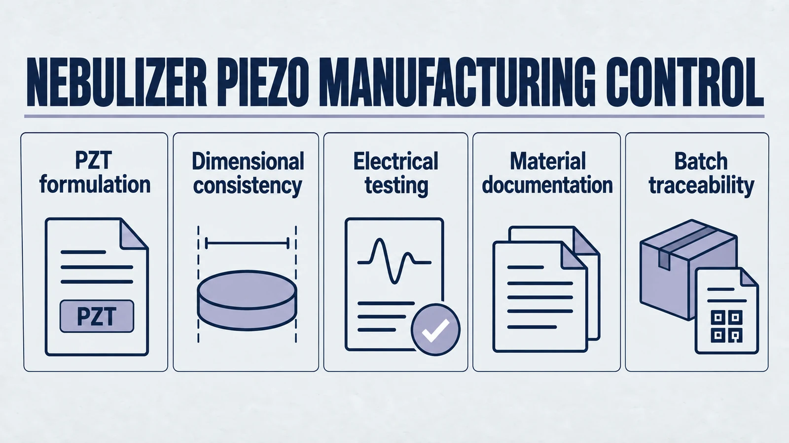 Infographic: nebulizer piezo manufacturing control. PZT formulation; Dimensional consistency; Electrical testing; Material documentation; Batch traceability.