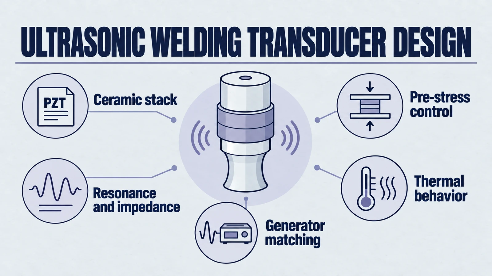 Infographic: ultrasonic welding transducer design. Ceramic stack; Pre-stress control; Resonance and impedance; Generator matching; Thermal behavior.