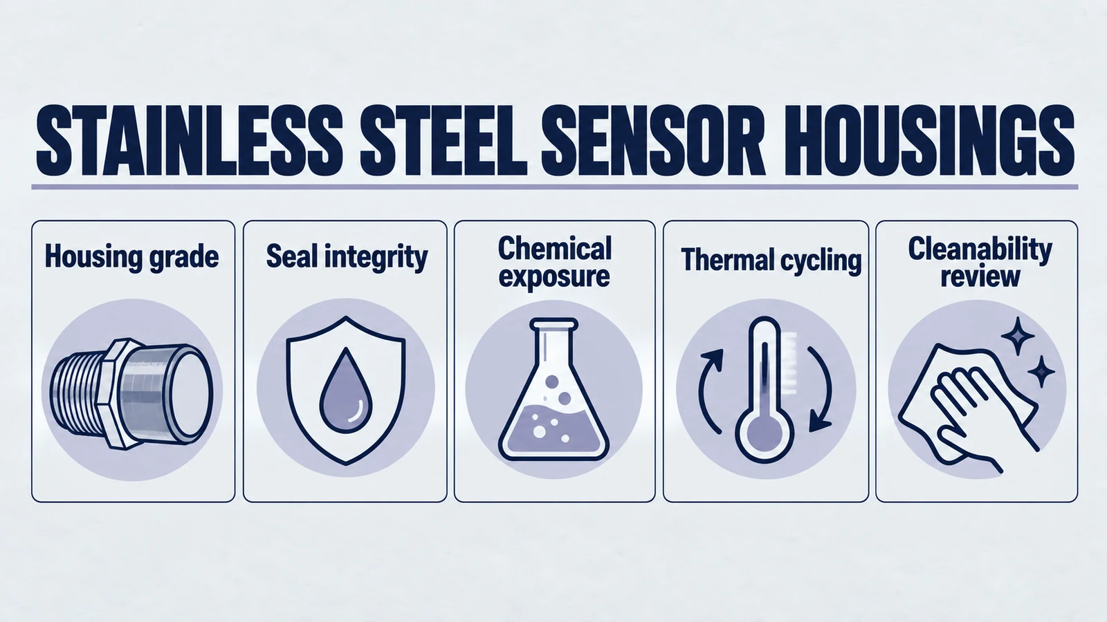 Infographic: stainless steel sensor housings. Housing grade; Seal integrity; Chemical exposure; Thermal cycling; Cleanability review.