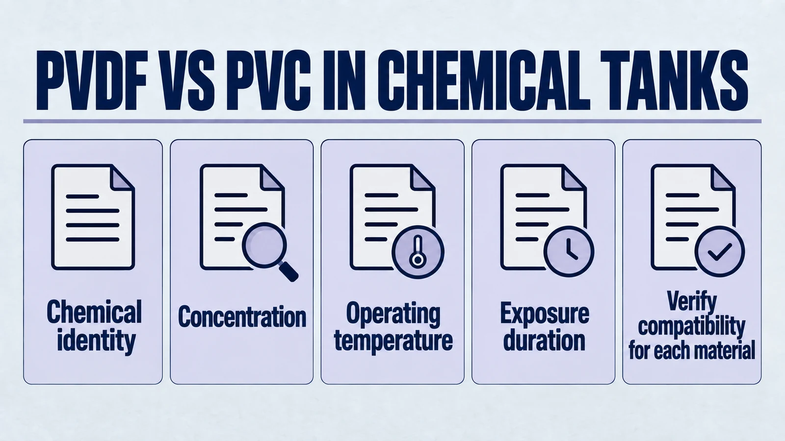 Infographic: pvdf vs pvc in chemical tanks. Chemical identity; Concentration; Operating temperature; Exposure duration; Verify compatibility for each material.
