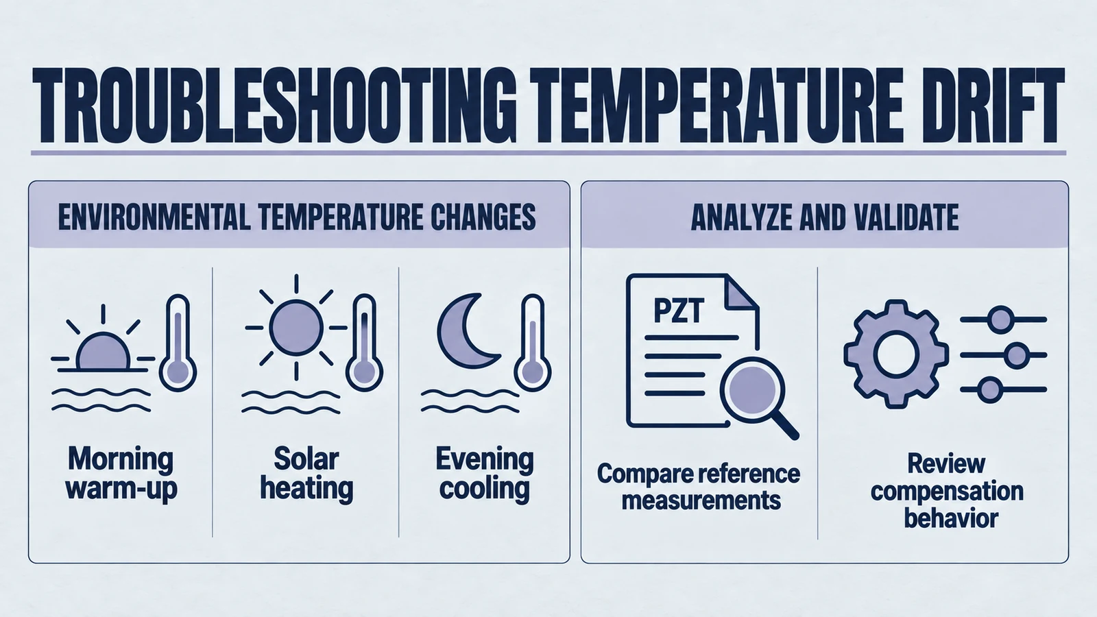 Infographic: troubleshooting temperature drift. Morning warm-up; Solar heating; Evening cooling; Compare reference measurements; Review compensation behavior.