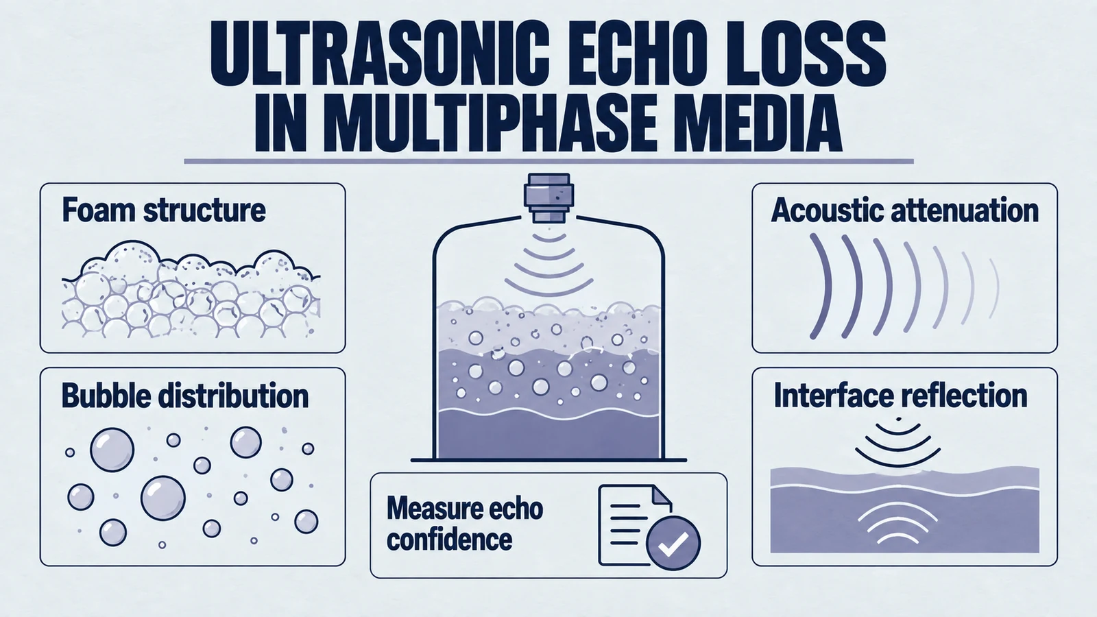 Infographic: ultrasonic echo loss in multiphase media. Foam structure; Bubble distribution; Acoustic attenuation; Interface reflection; Measure echo confidence.