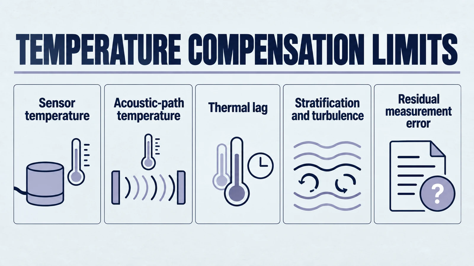 Infographic: temperature compensation limits. Sensor temperature; Acoustic-path temperature; Thermal lag; Stratification and turbulence; Residual measurement error.