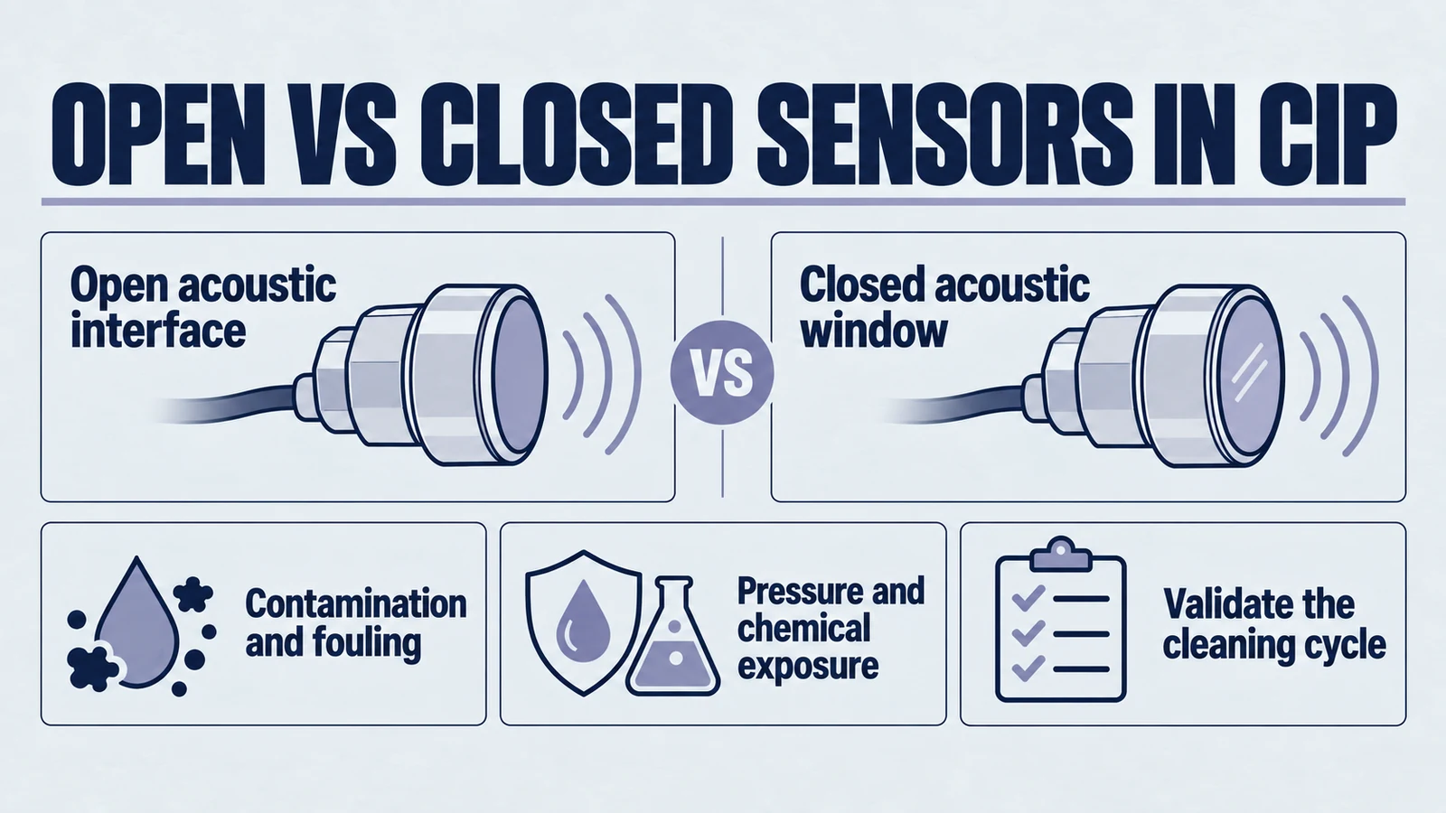 Infografik zum Artikel: Offene vs. geschlossene Ultraschallsensoren in CIP-Umgebungen