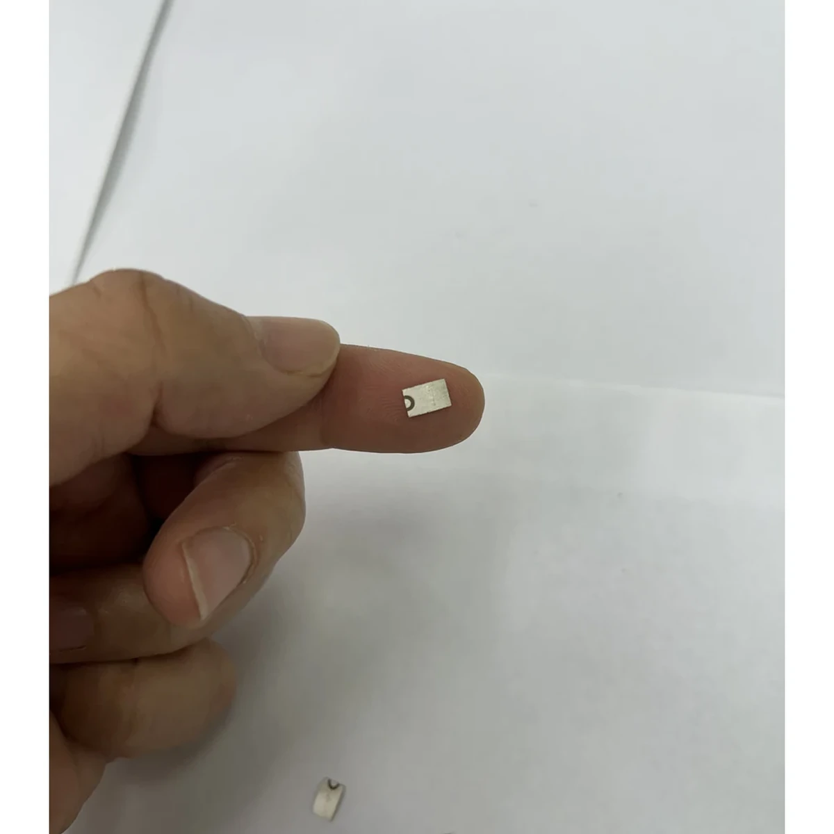 Gekrümmtes Miniatur-Piezosegment auf einer Fingerspitze als Maßstabsreferenz dargestellt